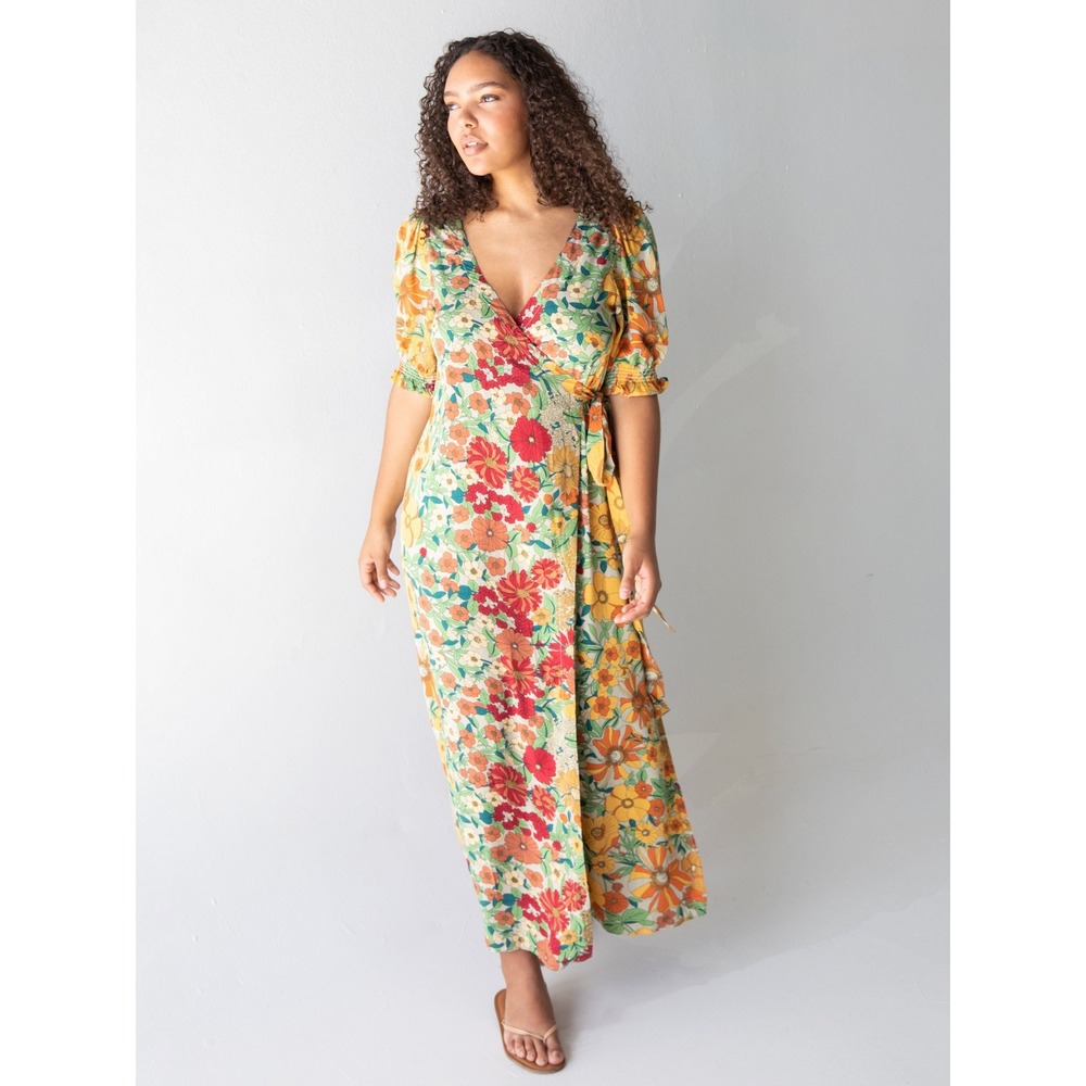 Natural Life Maxi Dress Women XL Multicolor Floral Wrap Puff Sleeve Boho